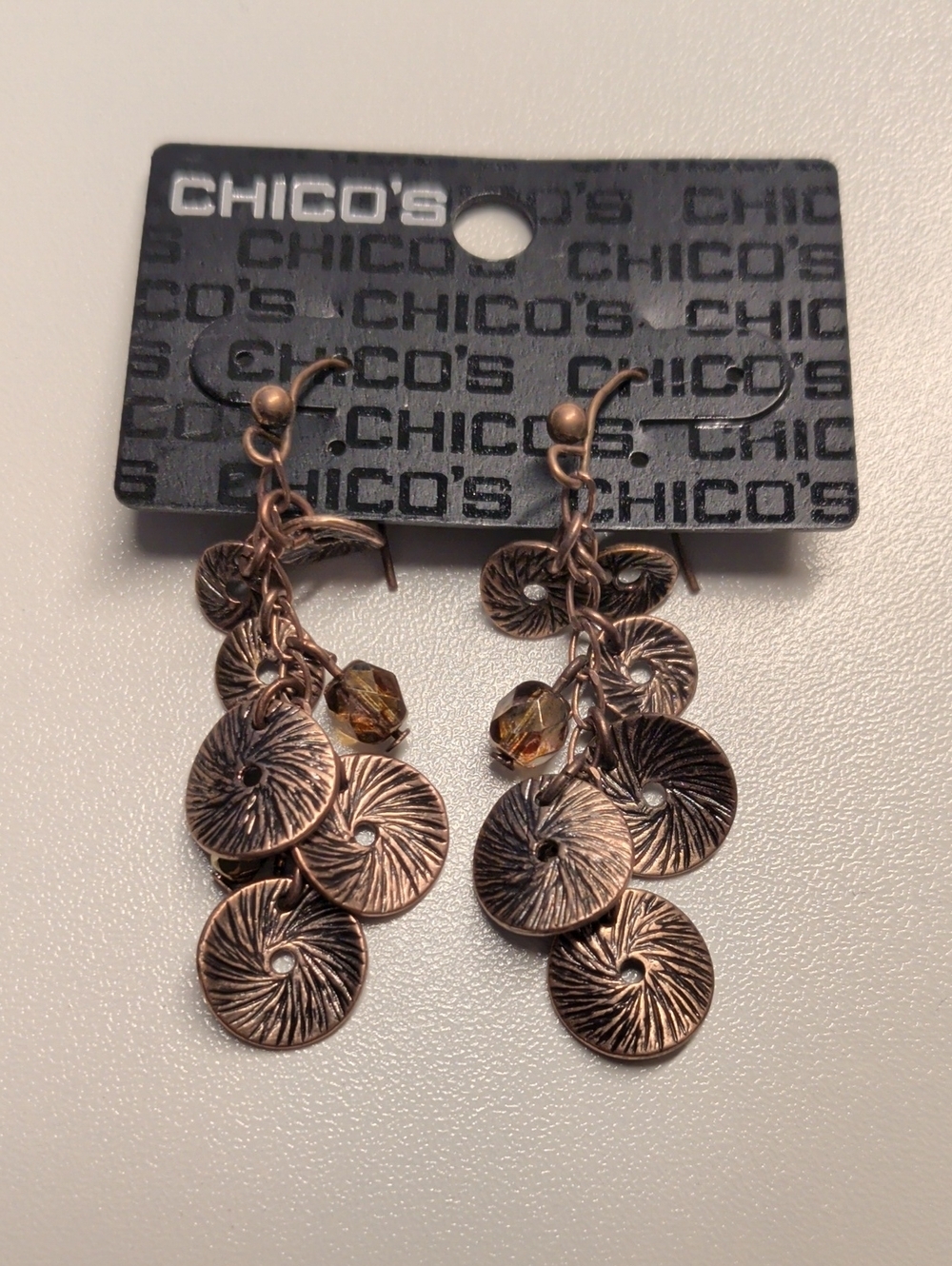 Chico's Bronz-Tone Disc Dangle Earrings with Amber Faceted Beads